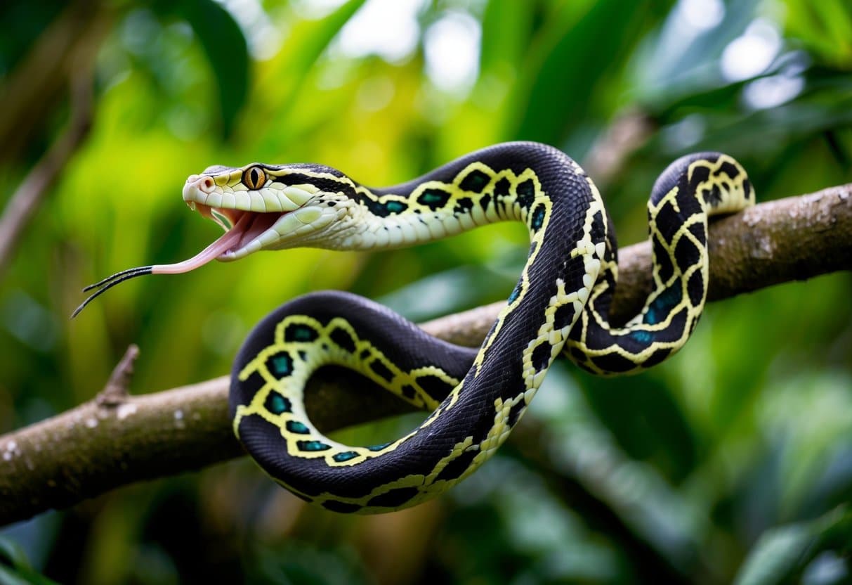 Uma cobra brincalhona com um padrão vibrante desliza por um ambiente de selva exuberante, picando a língua e se enrolando em um galho de árvore.