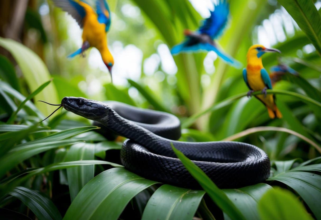 Uma cobra preta desliza pela densa folhagem tropical, seu corpo esguio se misturando às sombras. Pássaros coloridos voam acima, alheios ao predador abaixo.