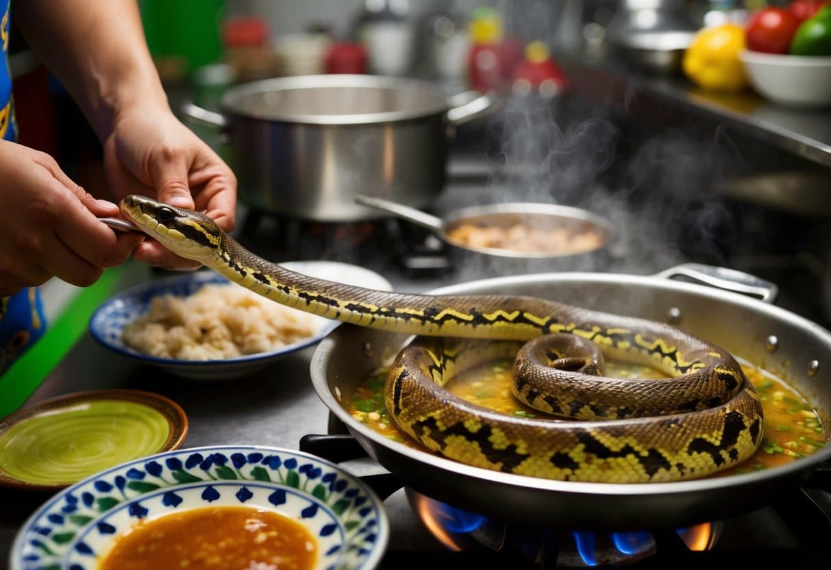 Uma cobra sendo preparada e cozida em uma cozinha brasileira tradicional