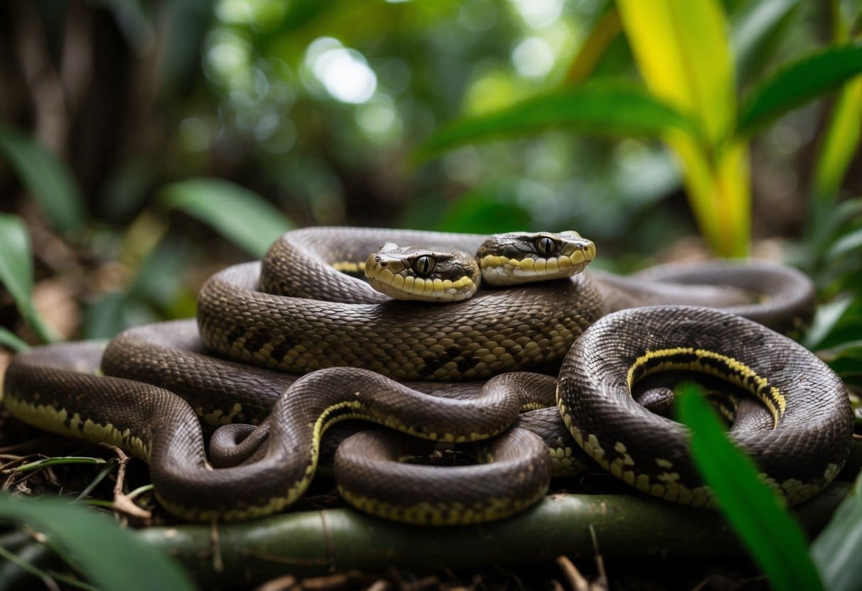 Um ninho de cobras em uma selva, com corpos entrelaçados e enrolados e movimentos deslizando.