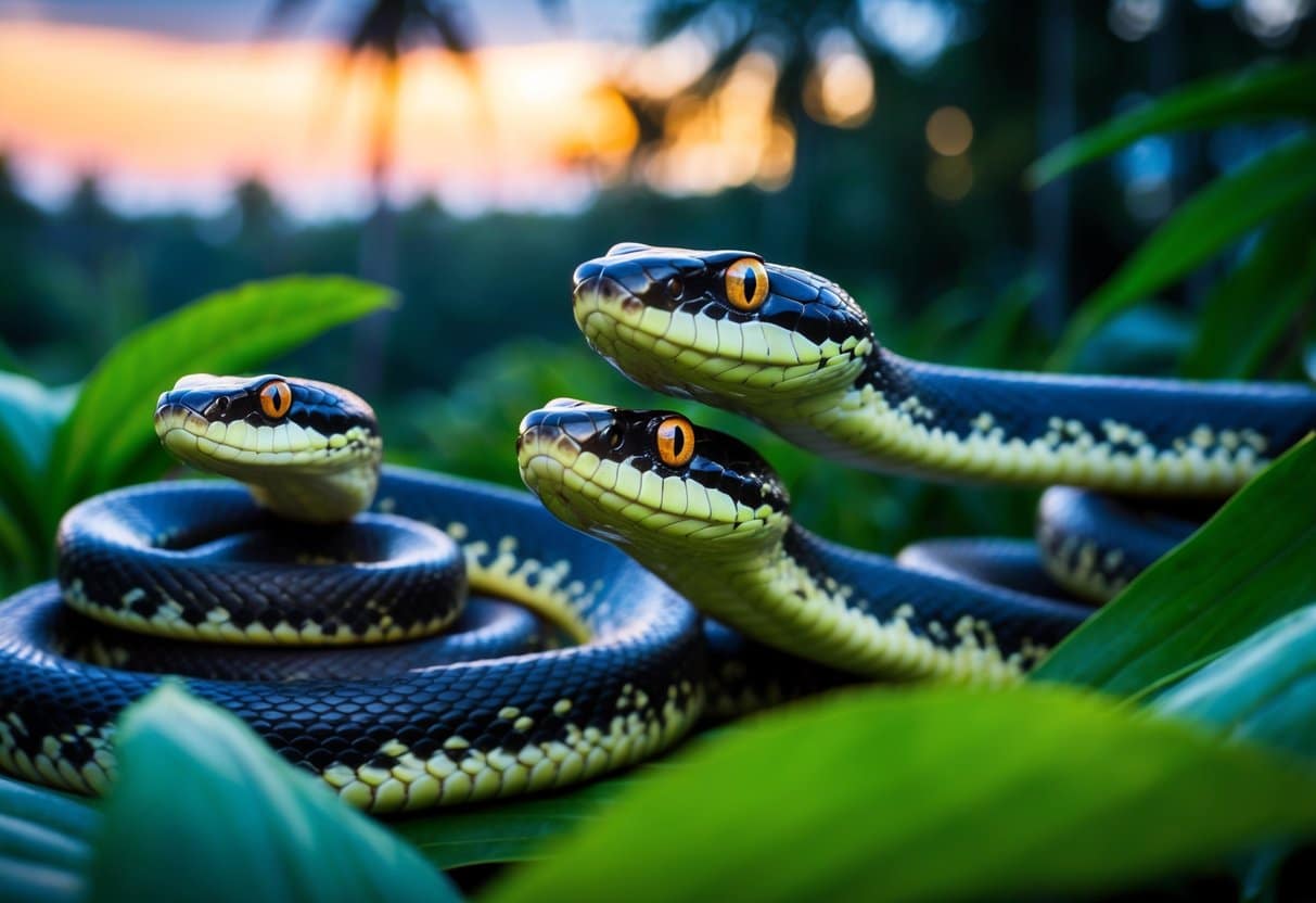 Um grupo de cobras com olhos vibrantes e hipnotizantes deslizando por uma selva exuberante ao crepúsculo