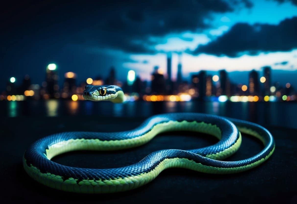 Uma ilustração dramática de uma cobra deslizando por uma paisagem urbana à noite, com luzes de néon brilhantes e sombras criando uma atmosfera sinistra.
