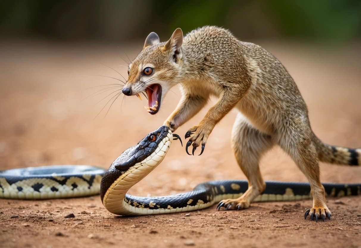 Uma mangusta ataca ferozmente uma cobra, com os dentes à mostra e as garras estendidas, enquanto a cobra tenta se defender com sua mordida venenosa.