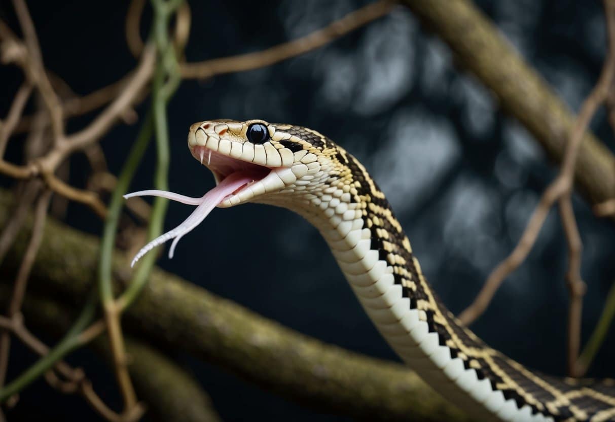 A cabeça de uma cobra com escamas distintas e uma língua bifurcada, contra um fundo de cipós emaranhados e sombras ominosas
