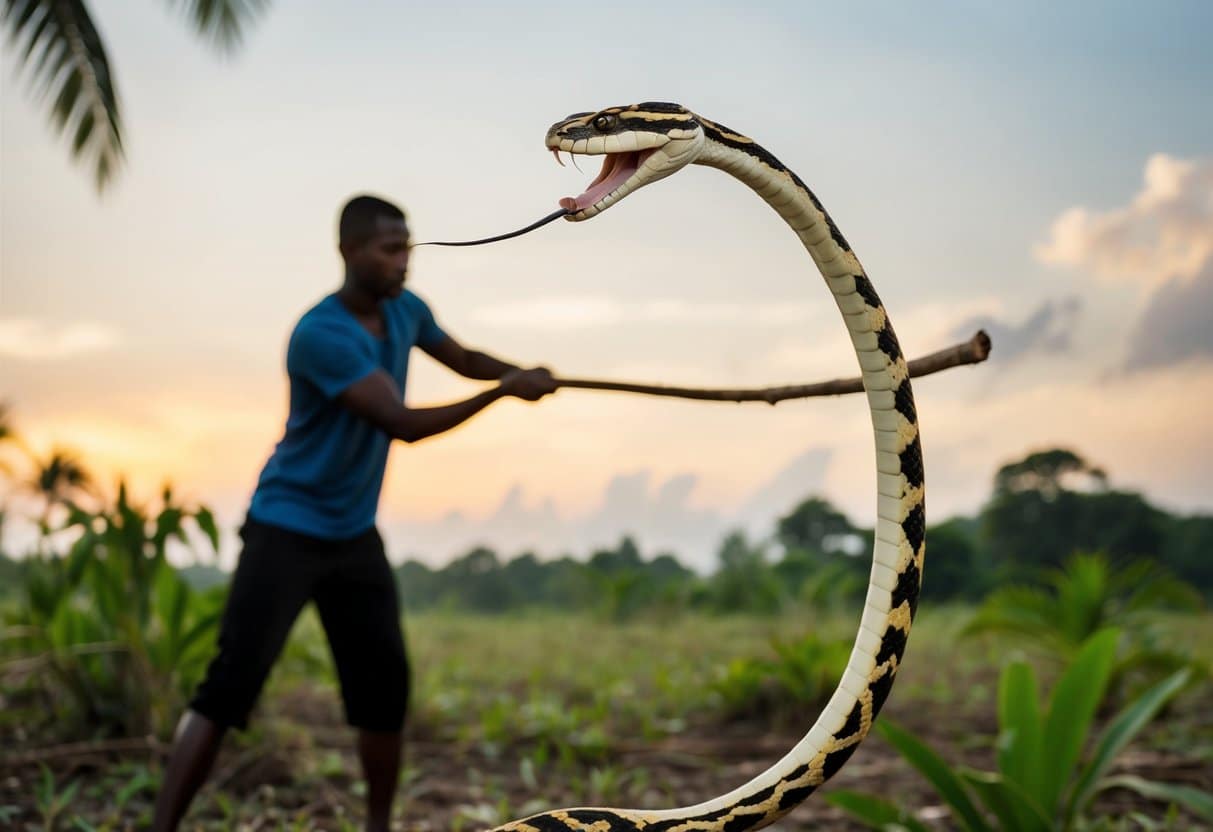 Uma pessoa usando um bastão para se defender de uma cobra que ataca em uma clareira na selva