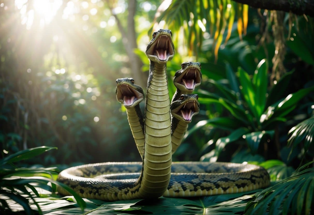 Uma serpente monstruosa com sete cabeças ameaçadoras emerge das profundezas de uma selva tropical exuberante, suas escamas brilhando na luz do sol filtrada.
