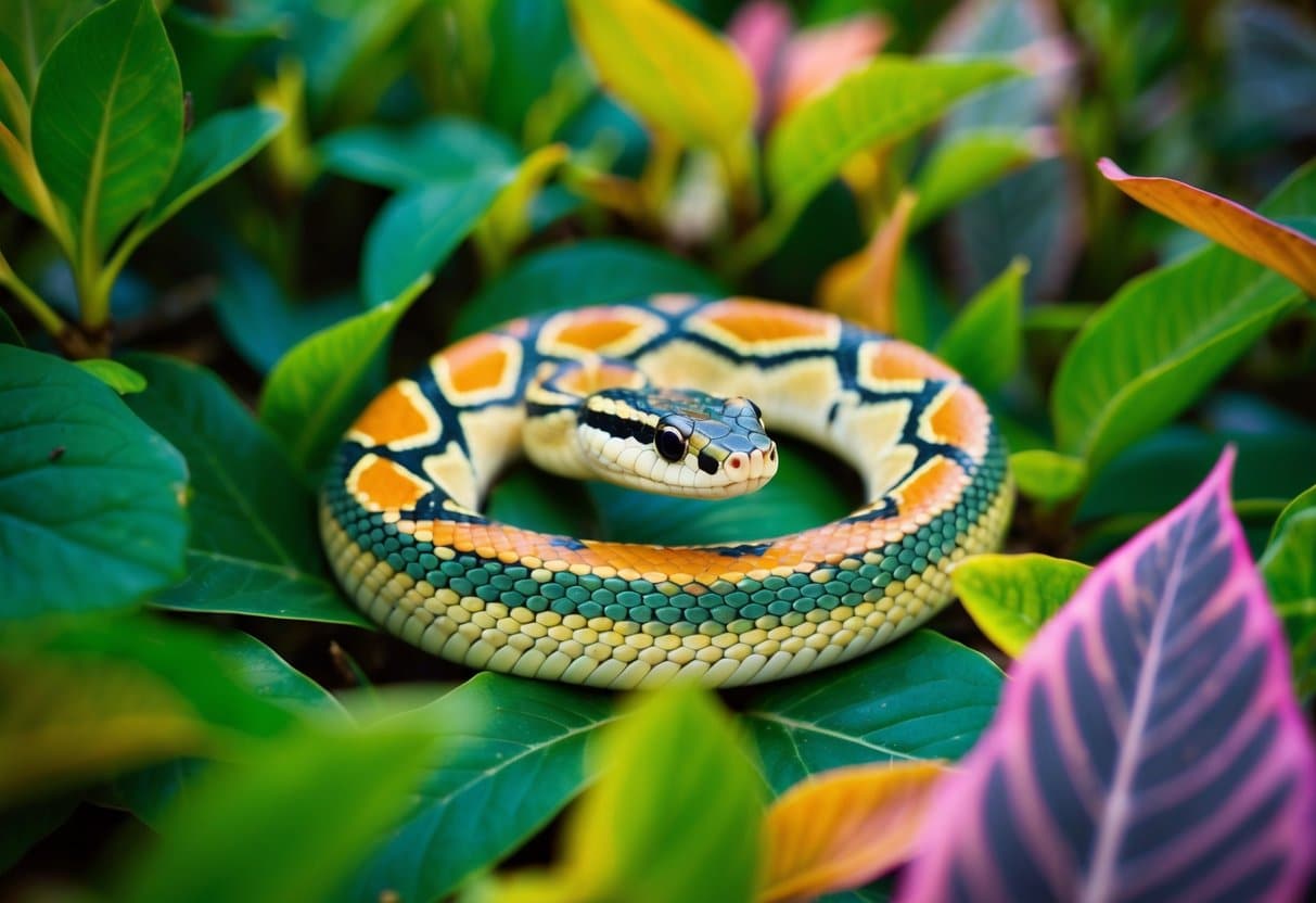 Uma ilustração colorida de uma cobra brasileira inofensiva enrolada entre folhagens vibrantes, com uma expressão calma e traços suaves e arredondados.
