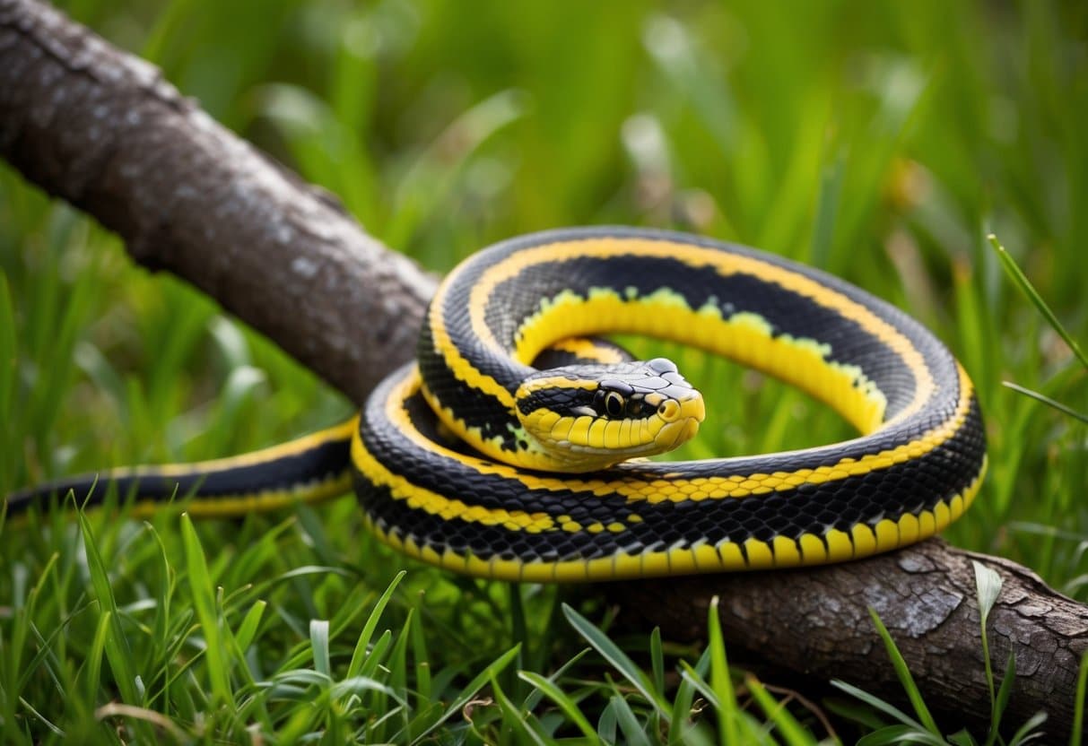 Uma cobra colorida com um padrão de faixas alternadas pretas e amarelas, deslizando pela grama verde e enrolada em um galho de árvore.