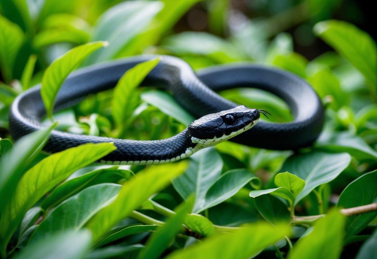 Uma cobra negra desliza por folhagens verdes e exuberantes, caçando presas em seu habitat natural.
