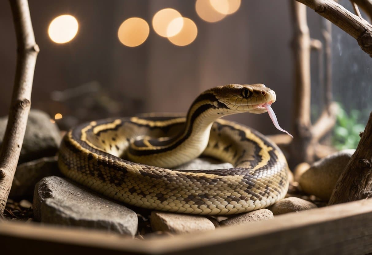 Uma cobra enrolada em um terrário, cercada por galhos e pedras. Suas escamas brilham na luz quente, e sua língua se projeta para fora para sentir o sabor do ar.