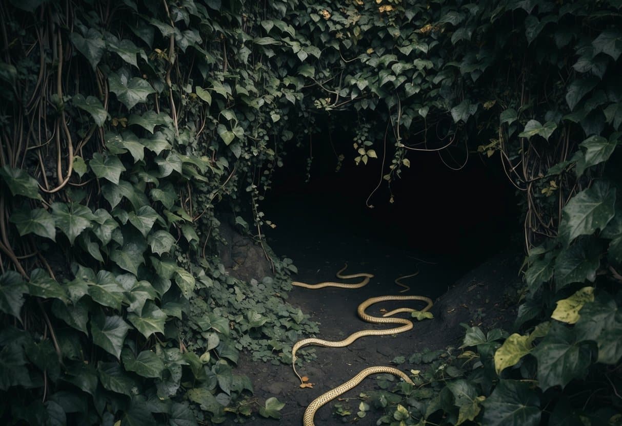 Uma massa emaranhada de cipós e folhas oculta uma abertura escura e cavernosa no chão, com algumas formas serpenteantes desaparecendo em suas profundezas.