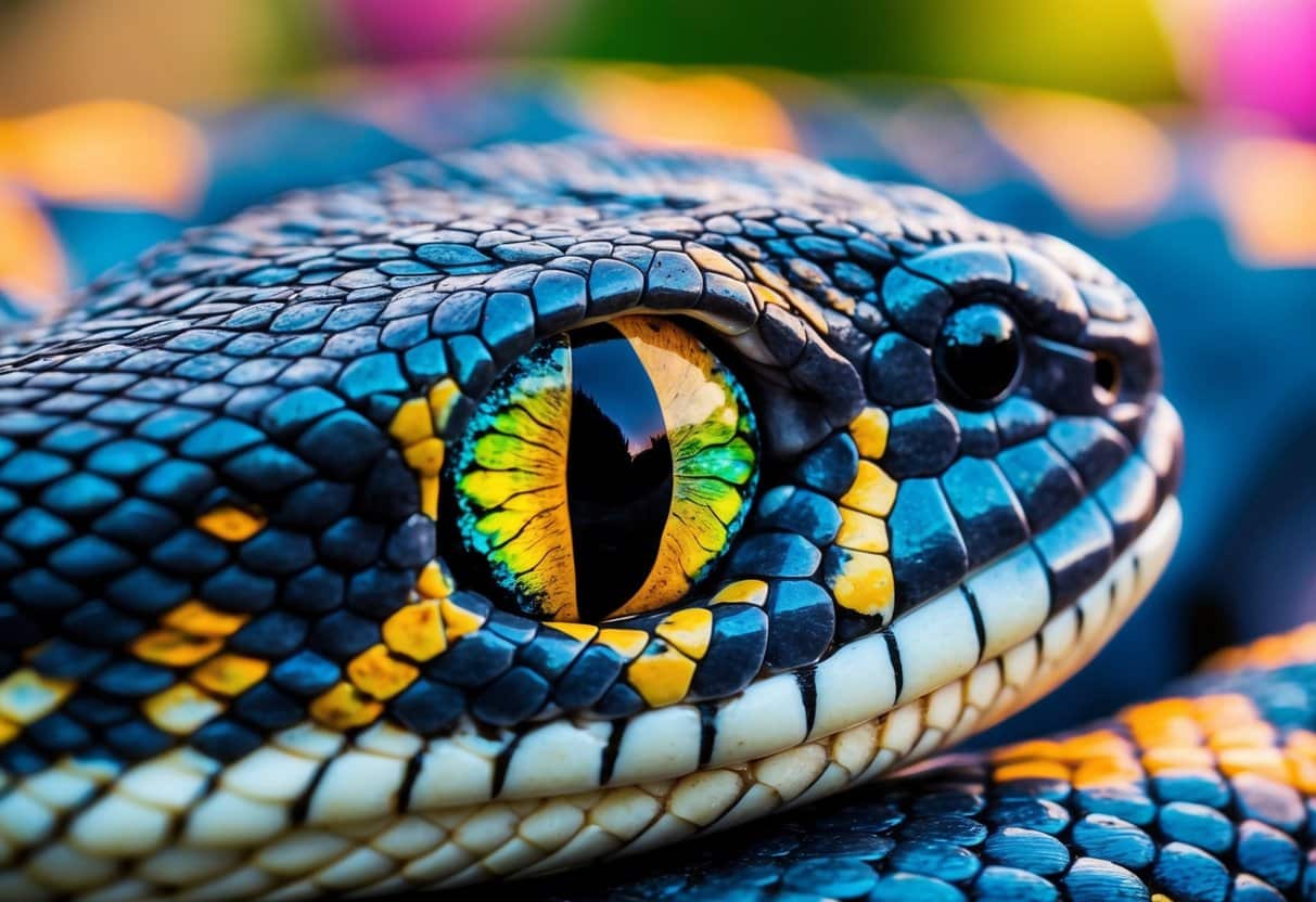 Um close de um olho de cobra, com escamas intrincadas e uma pupila fendida, cercado por cores vibrantes e hipnotizantes