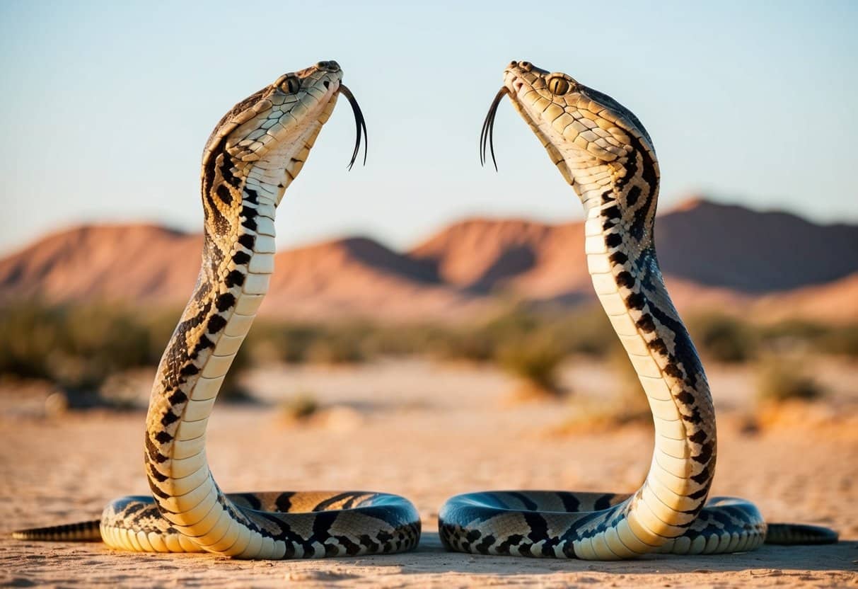 Duas cobras se enfrentando em um oásis no deserto, suas capuzes abertos enquanto se preparam para atacar