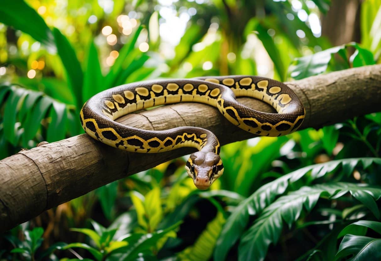 Um cenário vibrante de selva com um grande galho onde uma bela Jiboia BCC está enrolada, cercada por folhagens exuberantes e plantas exóticas.