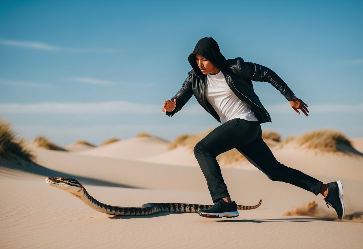 Uma pessoa sendo perseguida por uma cobra encapuzada em um cenário desértico, com dunas de areia e um céu azul claro ao fundo.