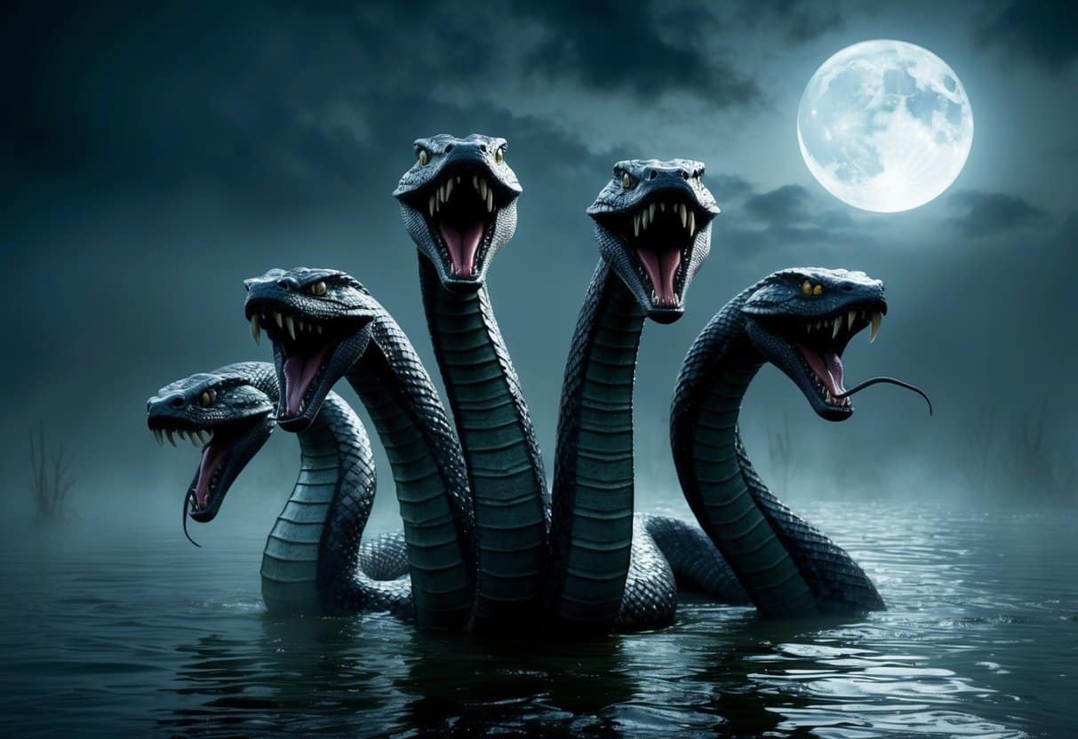 Uma monstruosa serpente de sete cabeças emerge de um pântano escuro e nebuloso, suas escamas brilhando à luz da lua enquanto sibila ameaçadoramente.
