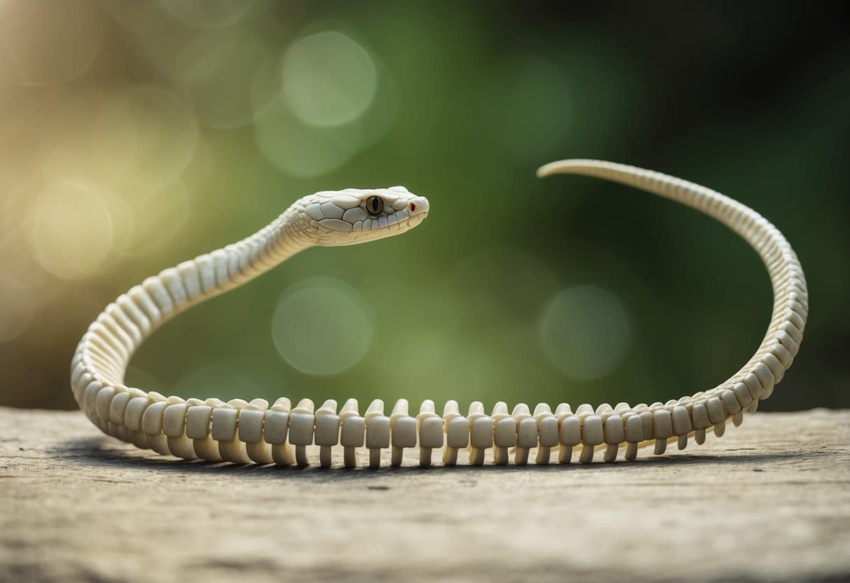 Um esqueleto de cobra cresce e se desenvolve, com costelas curvas e uma coluna vertebral longa e segmentada. A estrutura esquelética é intrincada e detalhada, com vértebras suaves e alongadas.