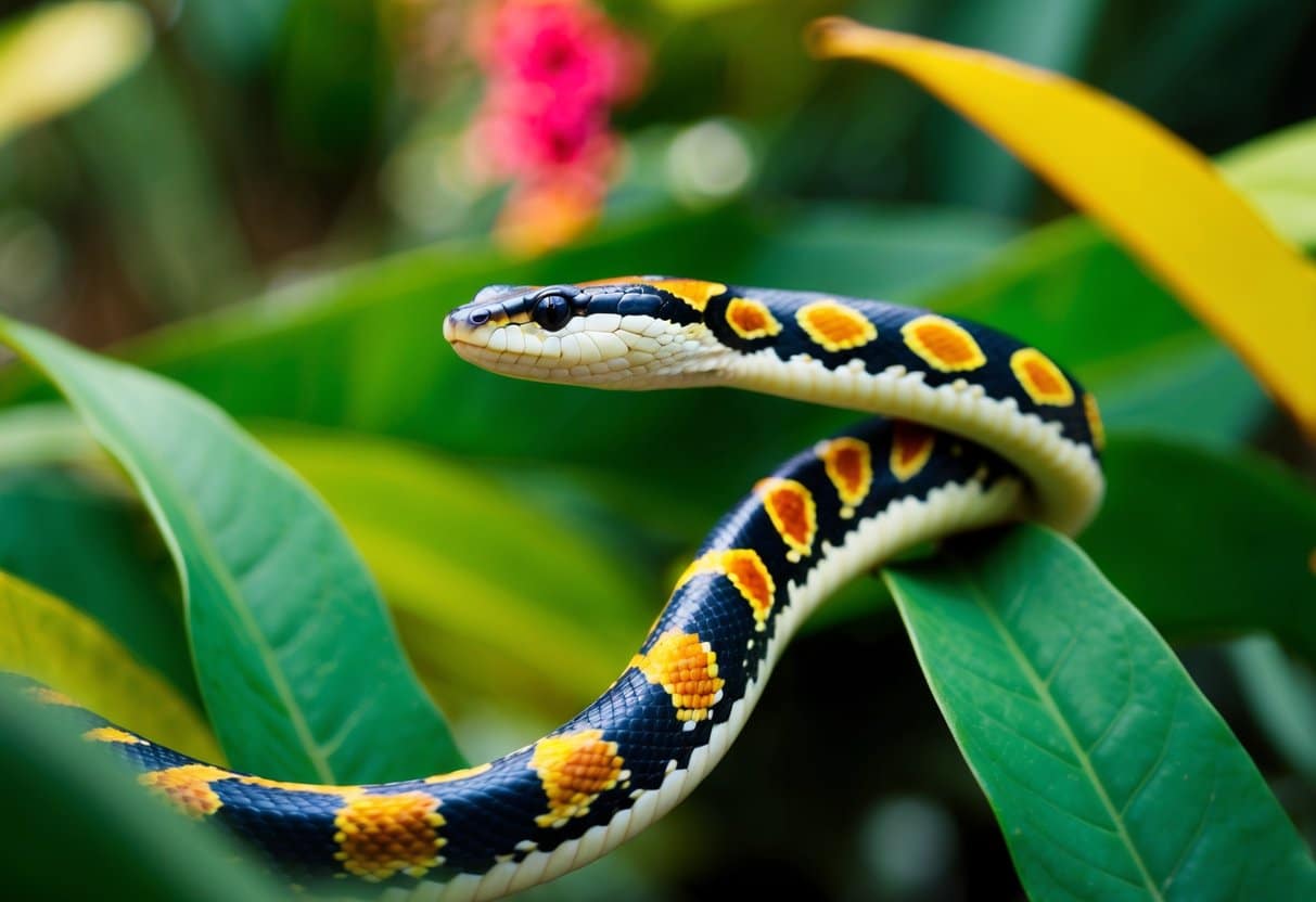 Uma cobra colorida e não ameaçadora desliza pela vibrante folhagem brasileira
