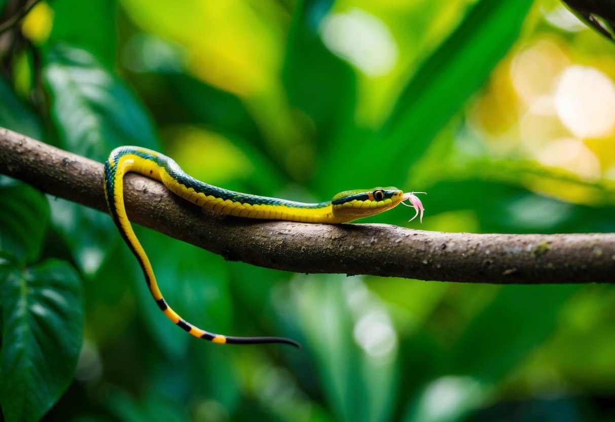 Uma pequena cobra colorida desliza por uma selva verdejante, piscando a língua e se enrolando em um galho de árvore.