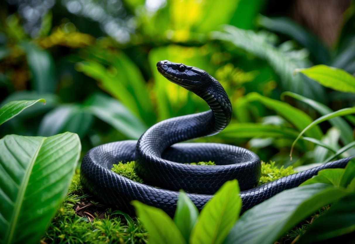 Uma cobra Pseudoboa nigra negra desliza por uma selva exuberante, cercada por folhagens verdes vibrantes e os sons da vida selvagem.