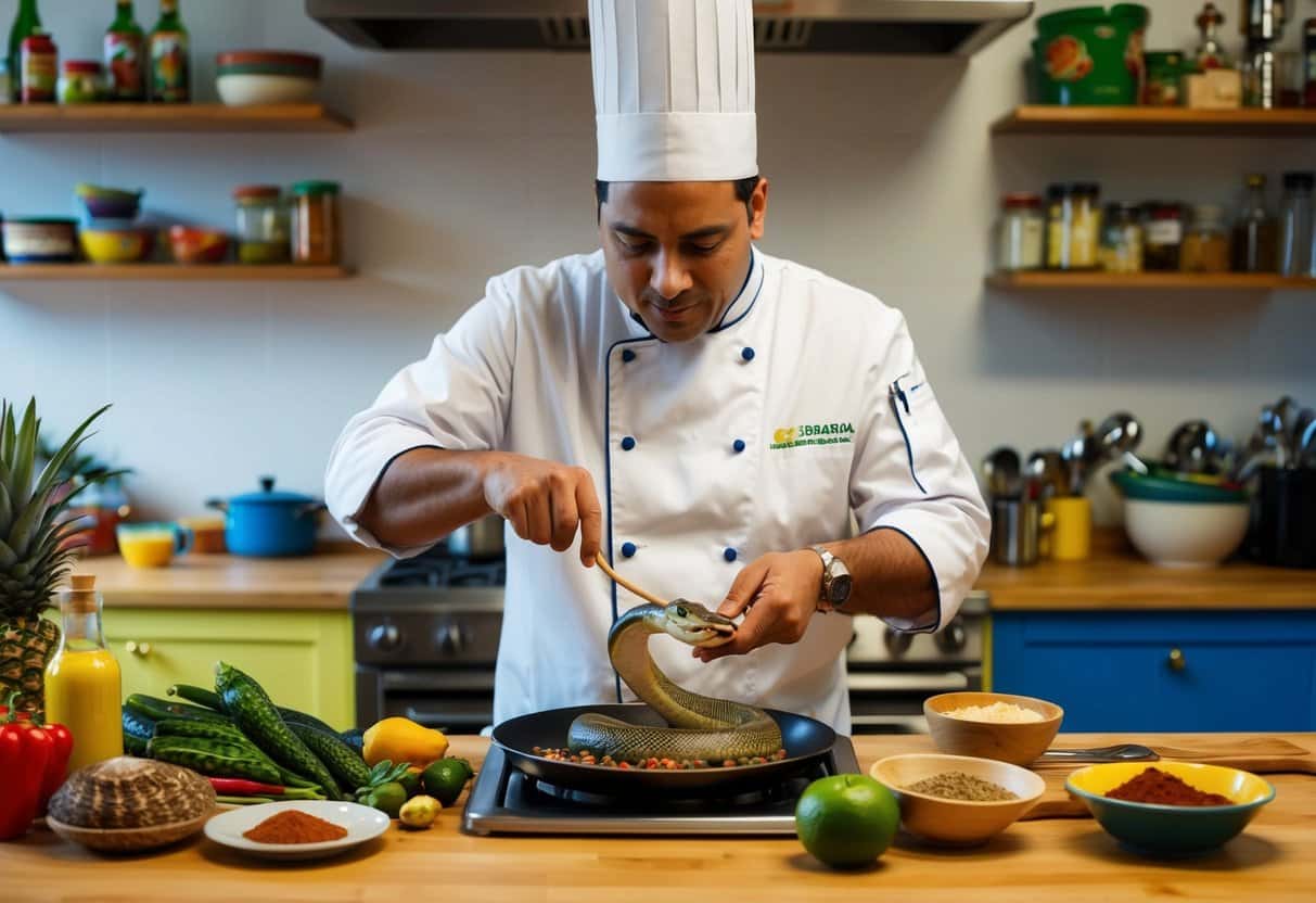 Um chef em uma cozinha vibrante brasileira prepara e cozinha uma cobra, cercado por especiarias coloridas, utensílios de cozinha e ingredientes exóticos.