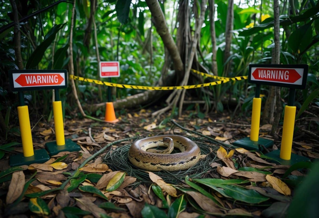 Um chão de selva densa com um ninho de cobra escondido entre folhas caídas e galhos, cercado por placas de aviso e barreiras