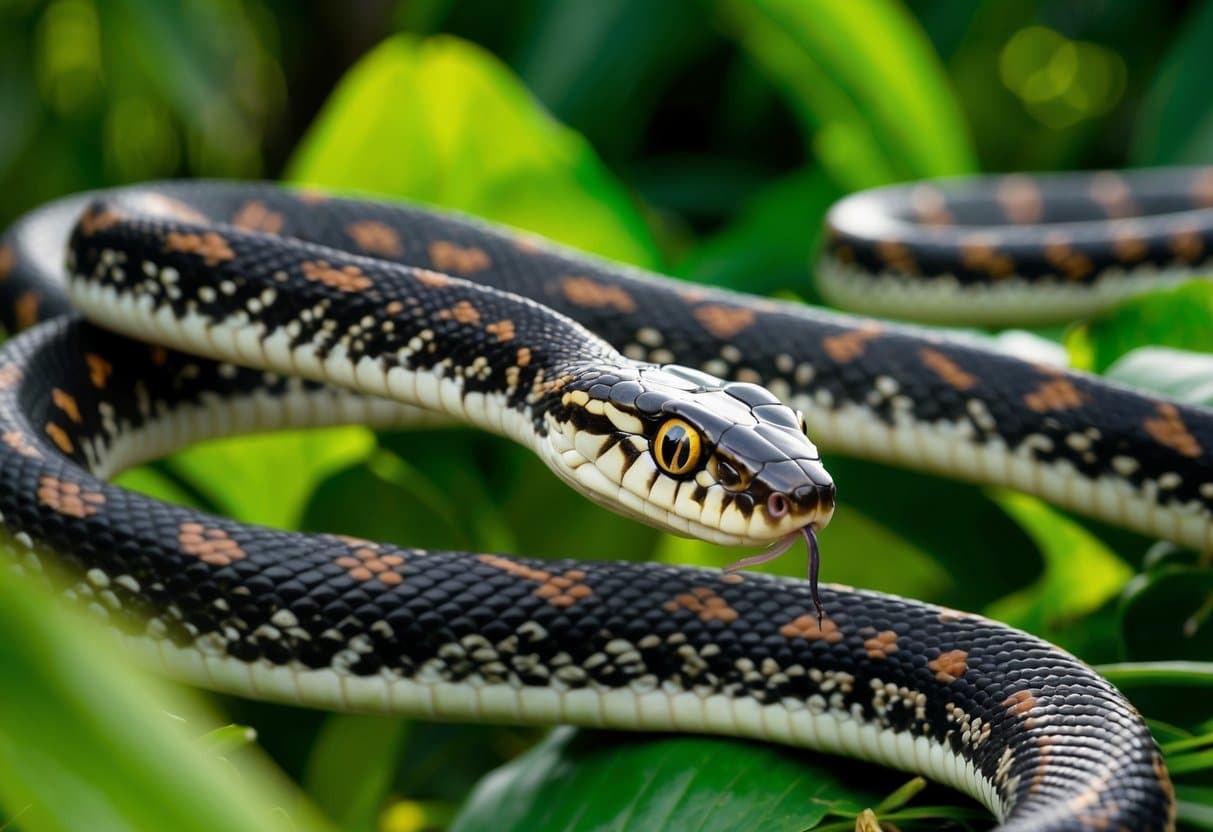 Um grupo de cobras com olhos vibrantes e hipnotizantes rastejando por um cenário de selva exuberante