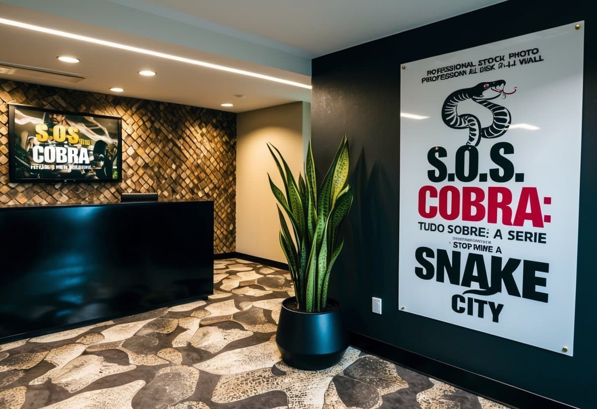 Uma área de recepção com tema de cobra, com um pôster proeminente "S.O.S. Cobra: Tudo Sobre a Série Snake City" na parede