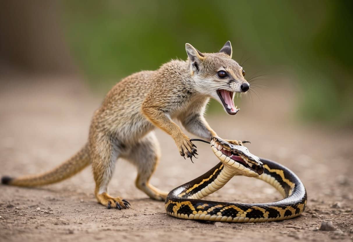 Uma mangusta saltando sobre uma cobra, com seus dentes afiados à mostra enquanto se prepara para atacar