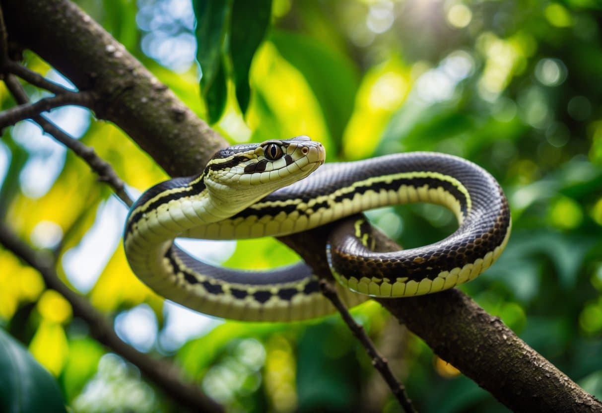 Uma cobra Bcc desliza por uma selva exuberante, suas escamas vibrantes brilhando na luz do sol filtrada enquanto se enrola em um galho de árvore.