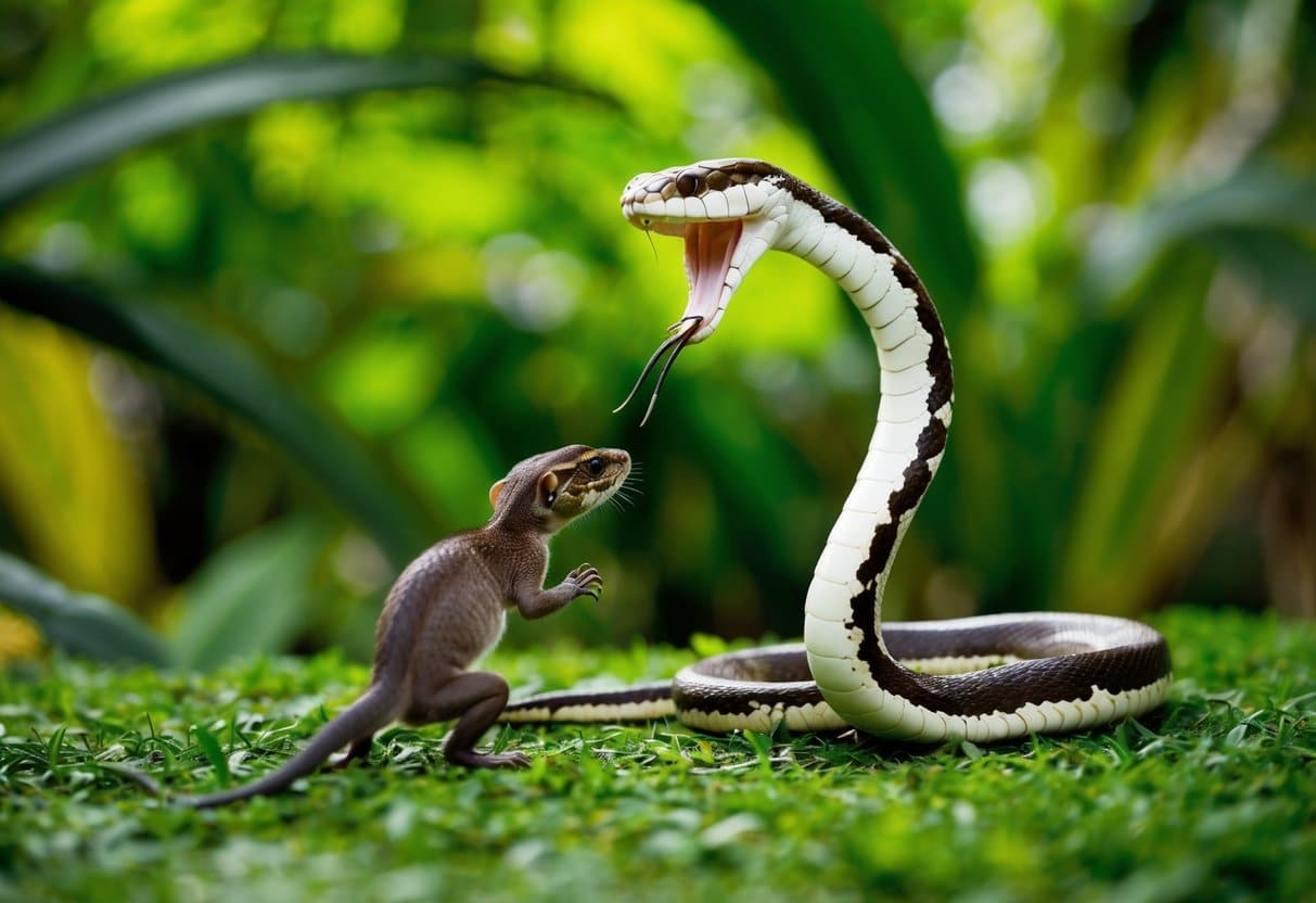 A cobra ataca um pequeno animal em um ambiente de selva exuberante e verde. A cobra está enroscada e atacando, enquanto a presa tenta escapar.