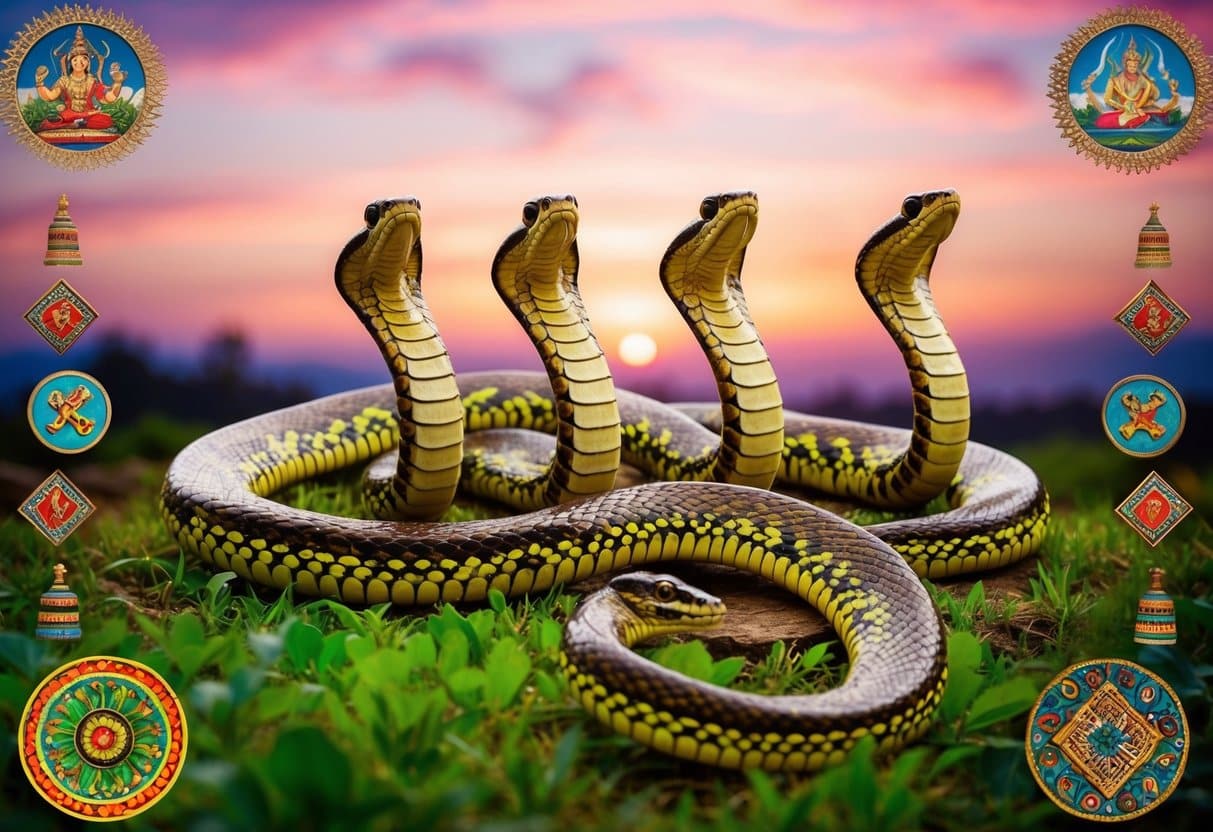 Uma cobra de sete cabeças desliza por uma paisagem vibrante e folclórica, cercada por símbolos e imagens tradicionais.