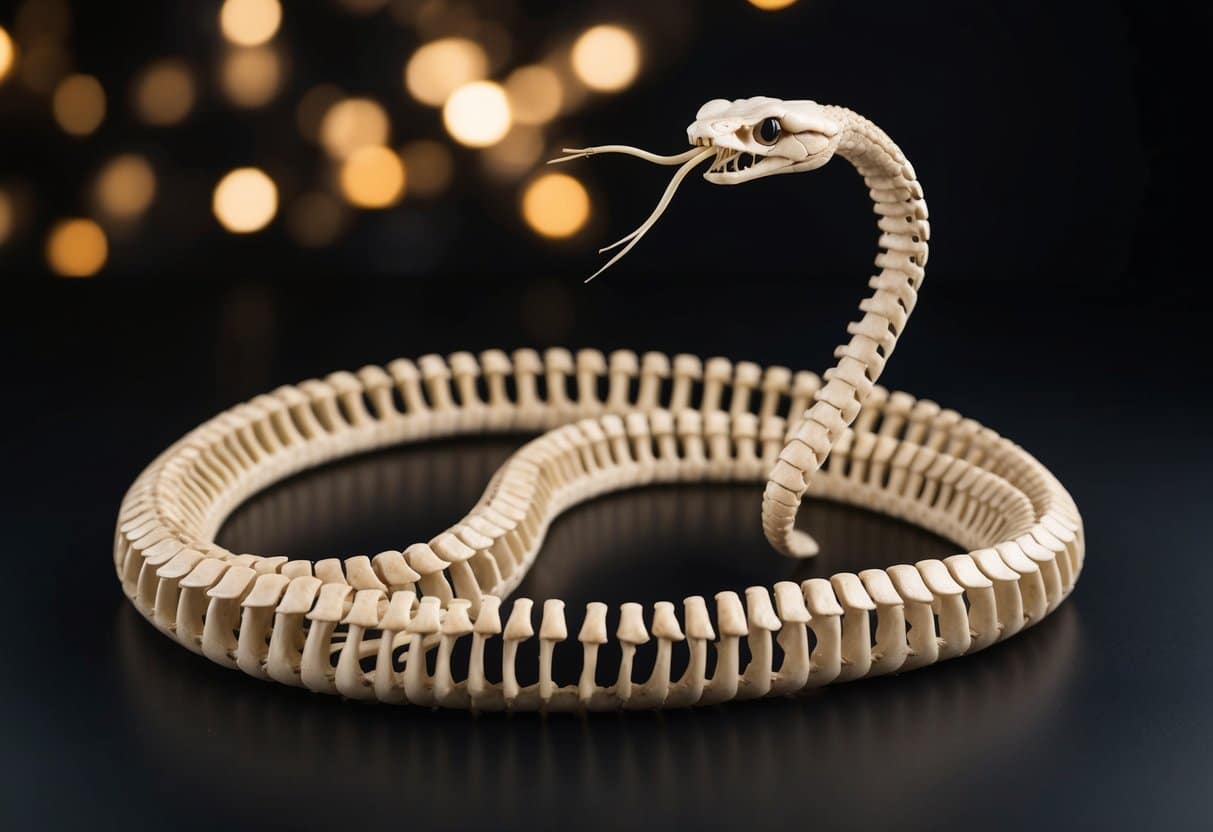 Um esqueleto de cobra, enrolado e pronto para atacar, com vértebras alongadas e costelas curvas, contra um fundo escuro