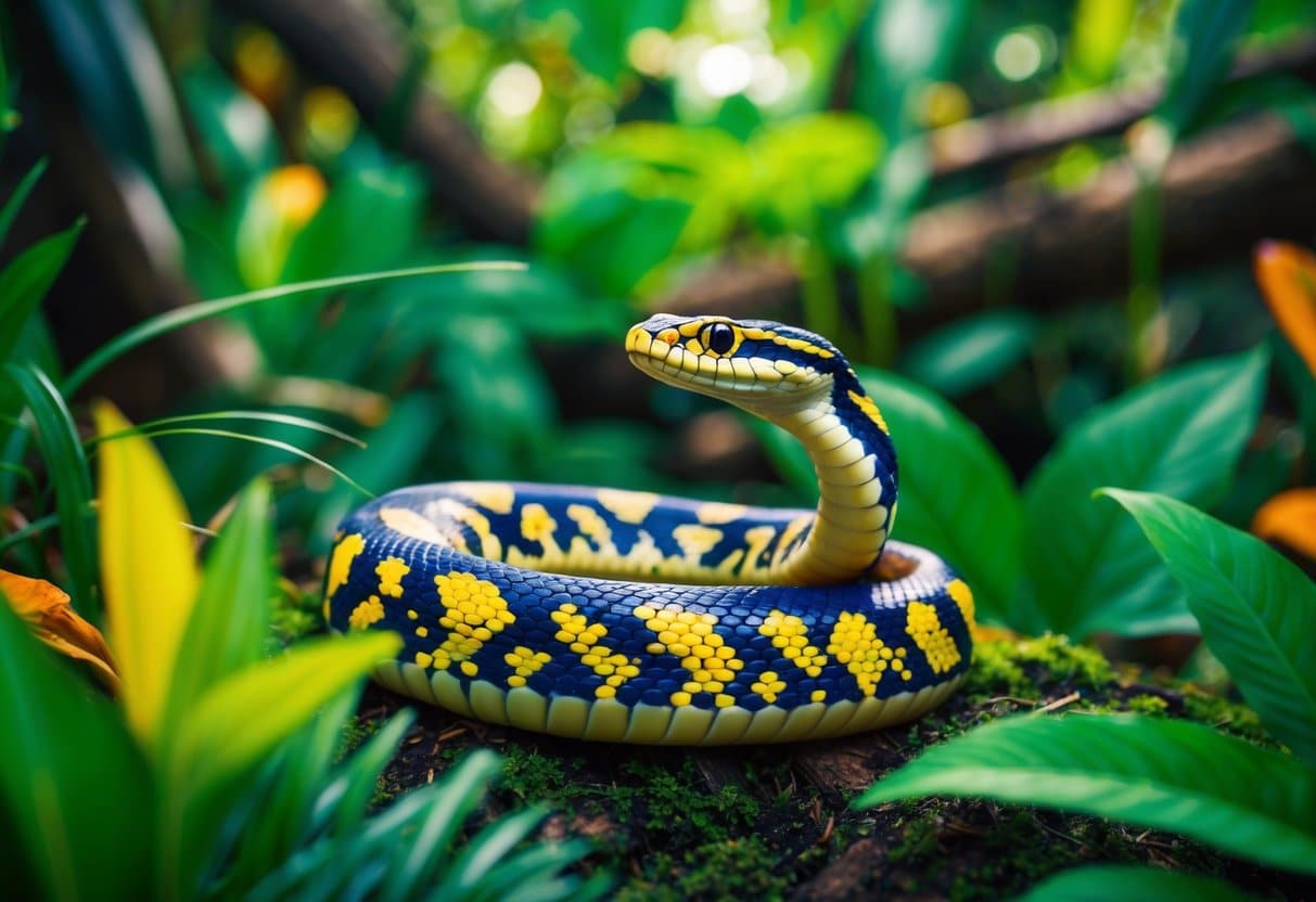 Uma ilustração colorida de uma cobra inofensiva em uma exuberante floresta tropical brasileira, cercada por plantas vibrantes e vida selvagem.