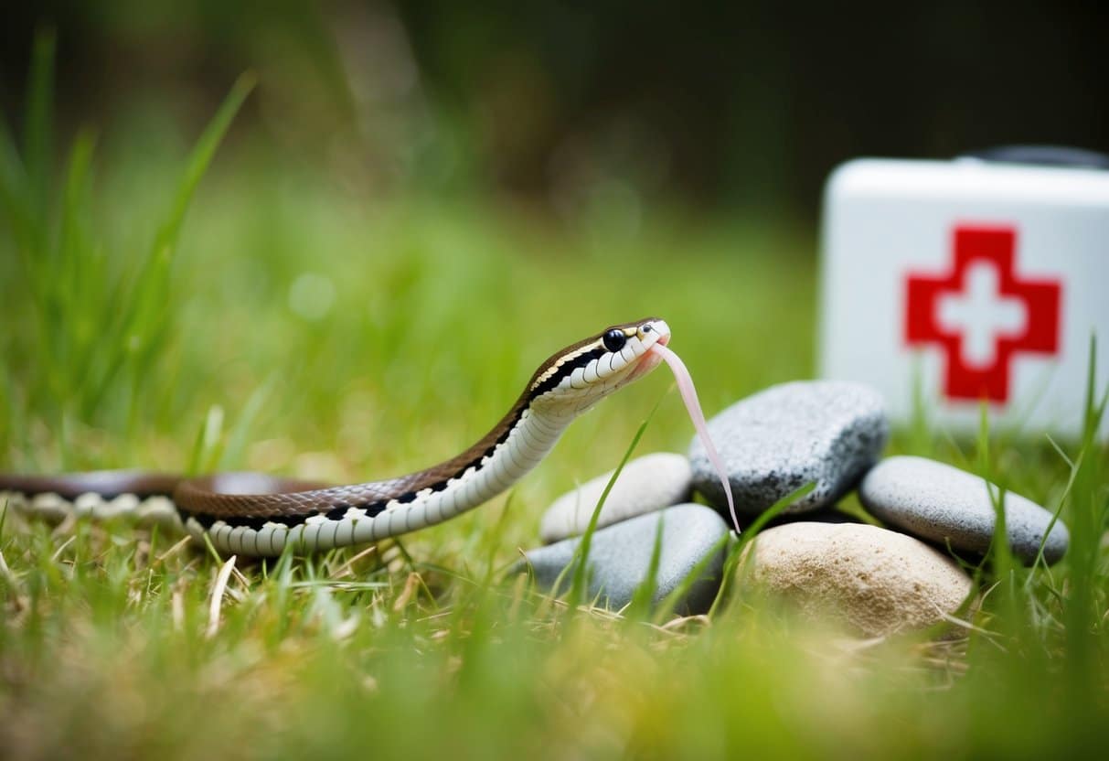 Uma pequena cobra desliza pela grama, sua língua se projetando enquanto se aproxima de uma pilha de pedras e de um kit de primeiros socorros.