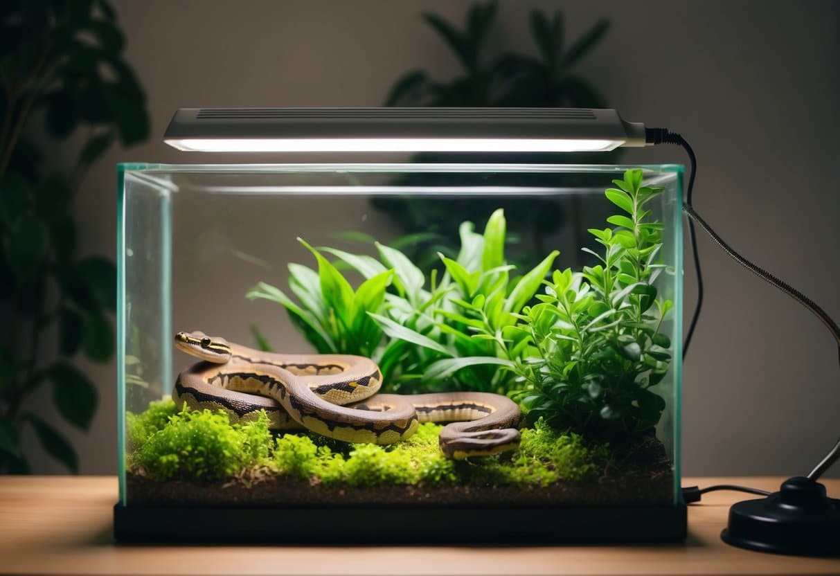 Um terrário com vegetação exuberante, uma lâmpada de calor e esconderijos para cobras de estimação