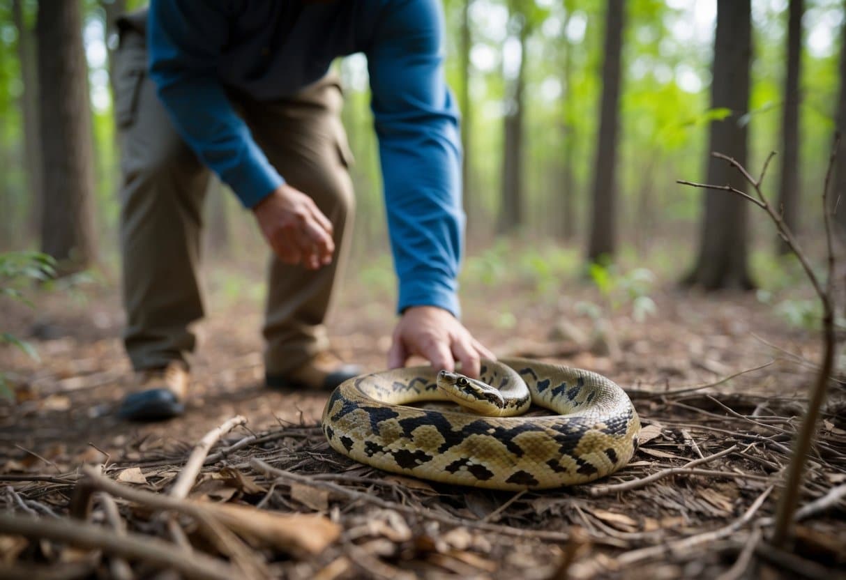 Uma pessoa se aproxima cautelosamente de um ninho de cobra em uma área arborizada, observando atentamente os arredores em busca de sinais de movimento ou perigo.