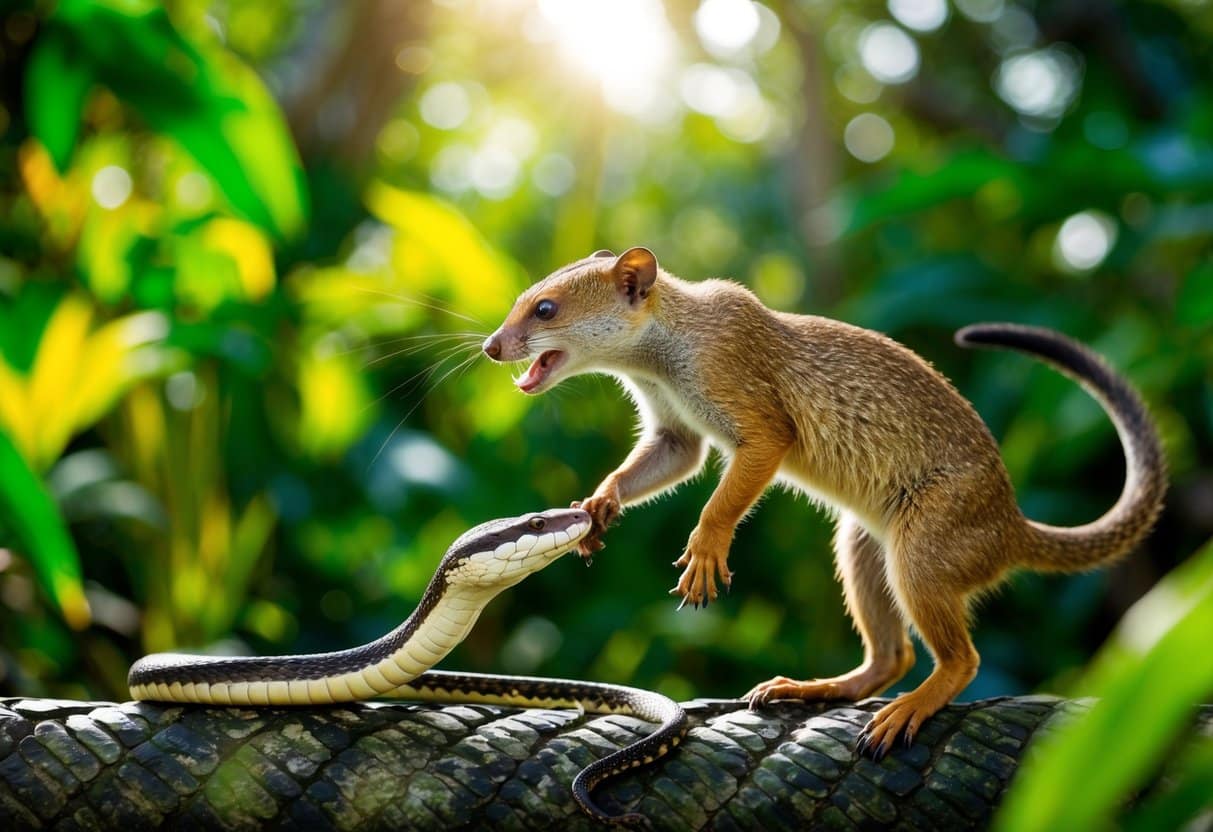 Uma mangusta caçando uma cobra em um cenário de selva exuberante, com folhagem verde vibrante e luz do sol filtrando-se através das árvores.