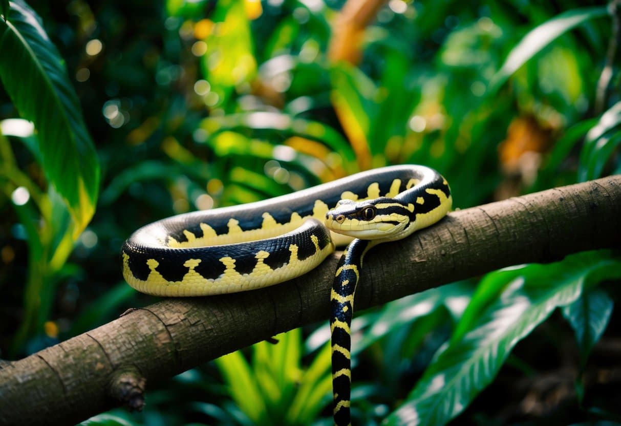 Um cenário de selva vibrante com uma jiboia BCC enrolada descansando em um galho de árvore, cercada por folhagens exuberantes e vida selvagem.