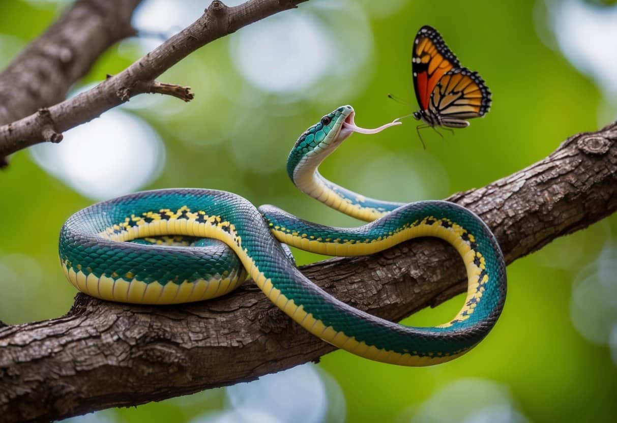 Uma cobra de EVA colorida enrolada em um galho de árvore, sua língua saindo enquanto observa uma borboleta voando nas proximidades.