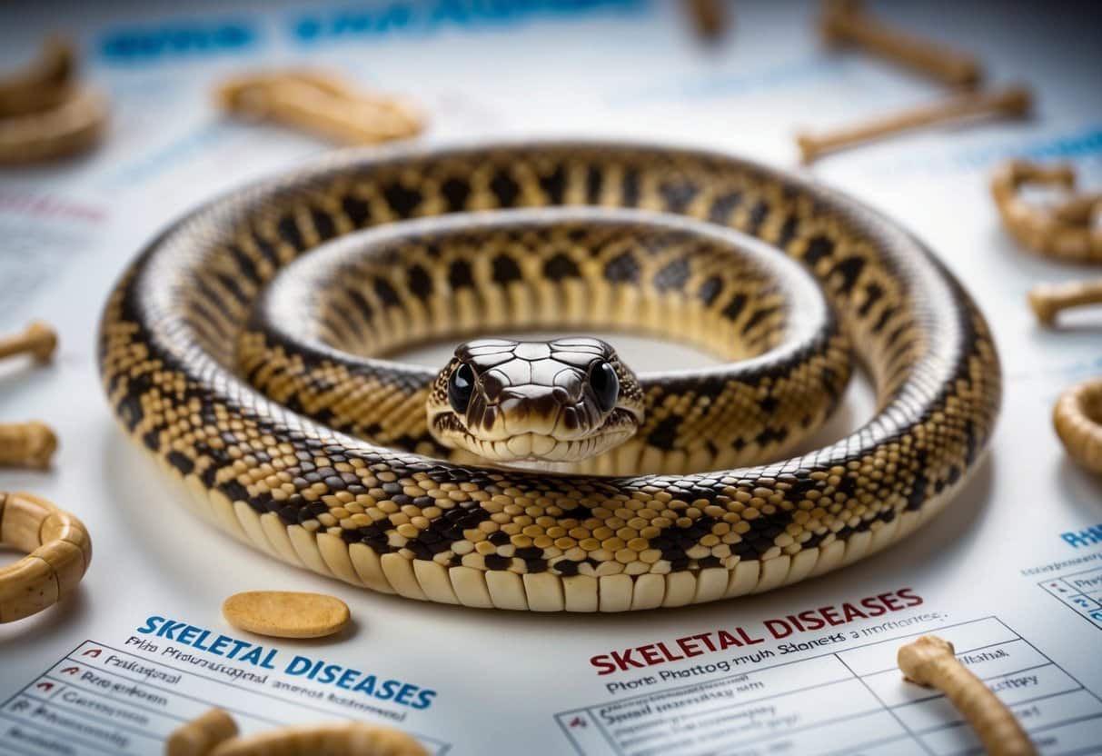 Um esqueleto de cobra enrolada cercado por vários fatores de risco e doenças esqueléticas, com foco nos detalhes intrincados dos ossos e suas potenciais aflições.