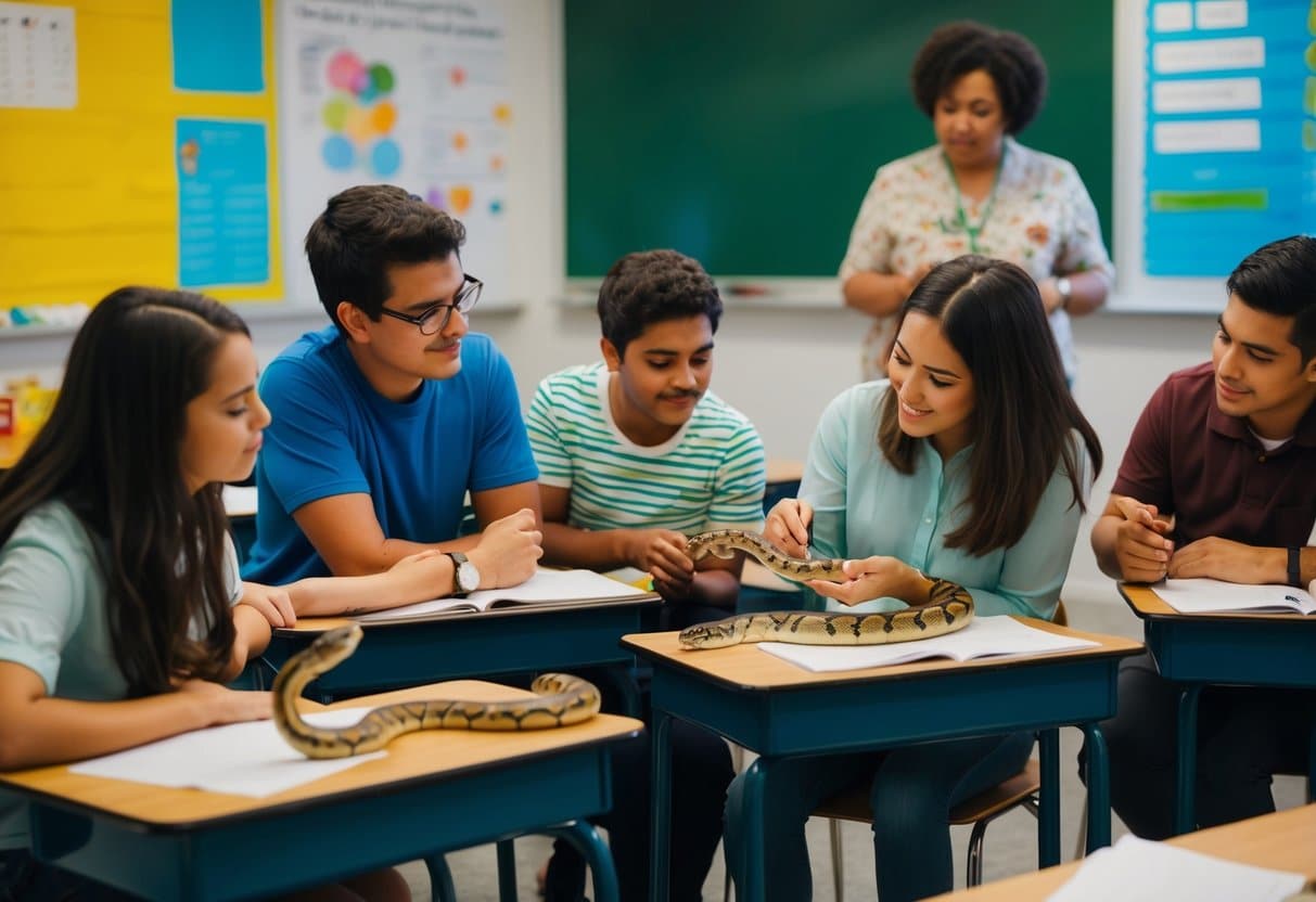 Um grupo de pessoas observa uma cobra inofensiva em uma sala de aula brasileira, aprendendo sobre e interagindo com espécies não venenosas.