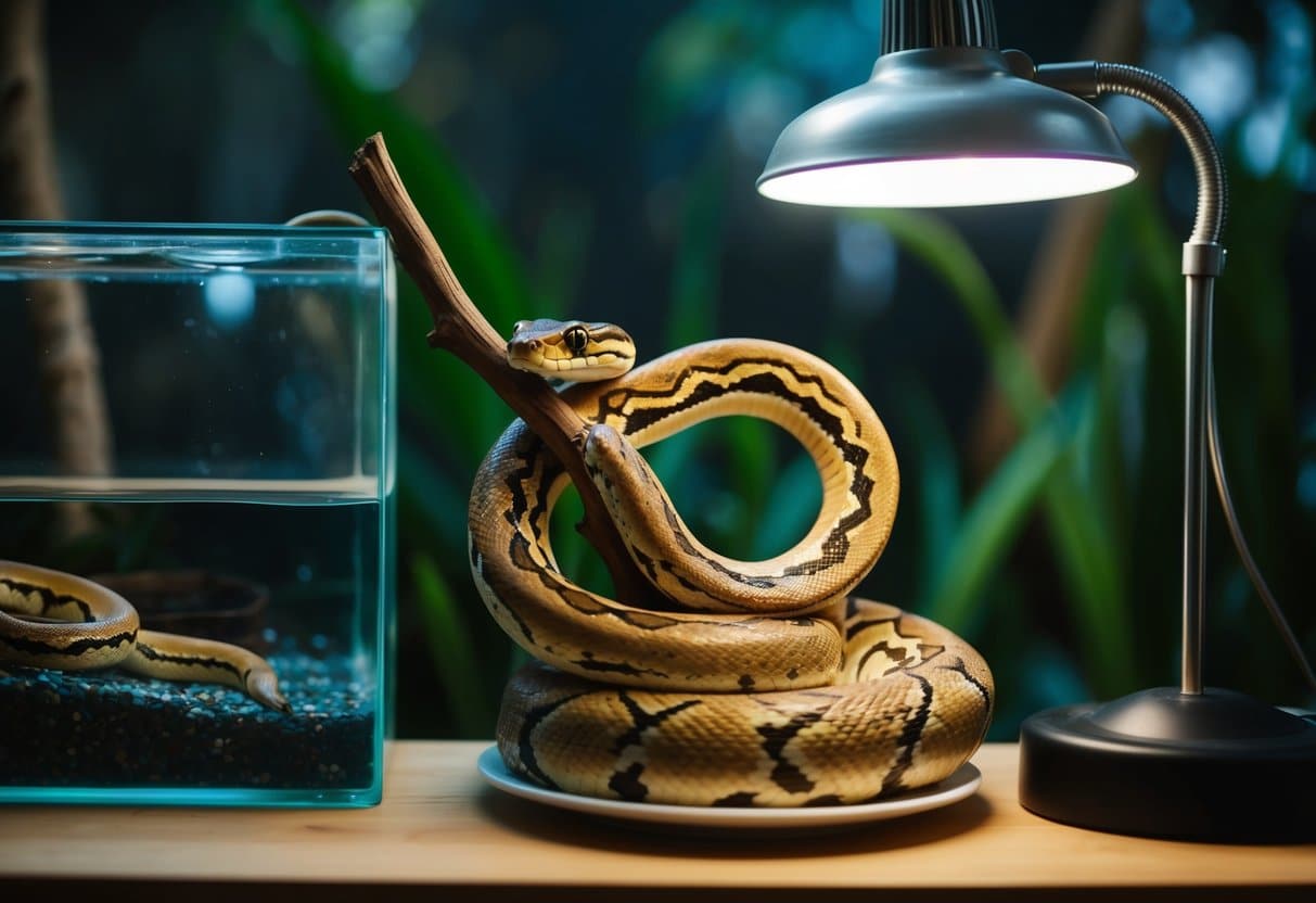 Uma cobra enrolada em um galho em um terrário, com um prato de água e uma lâmpada de calor por perto.