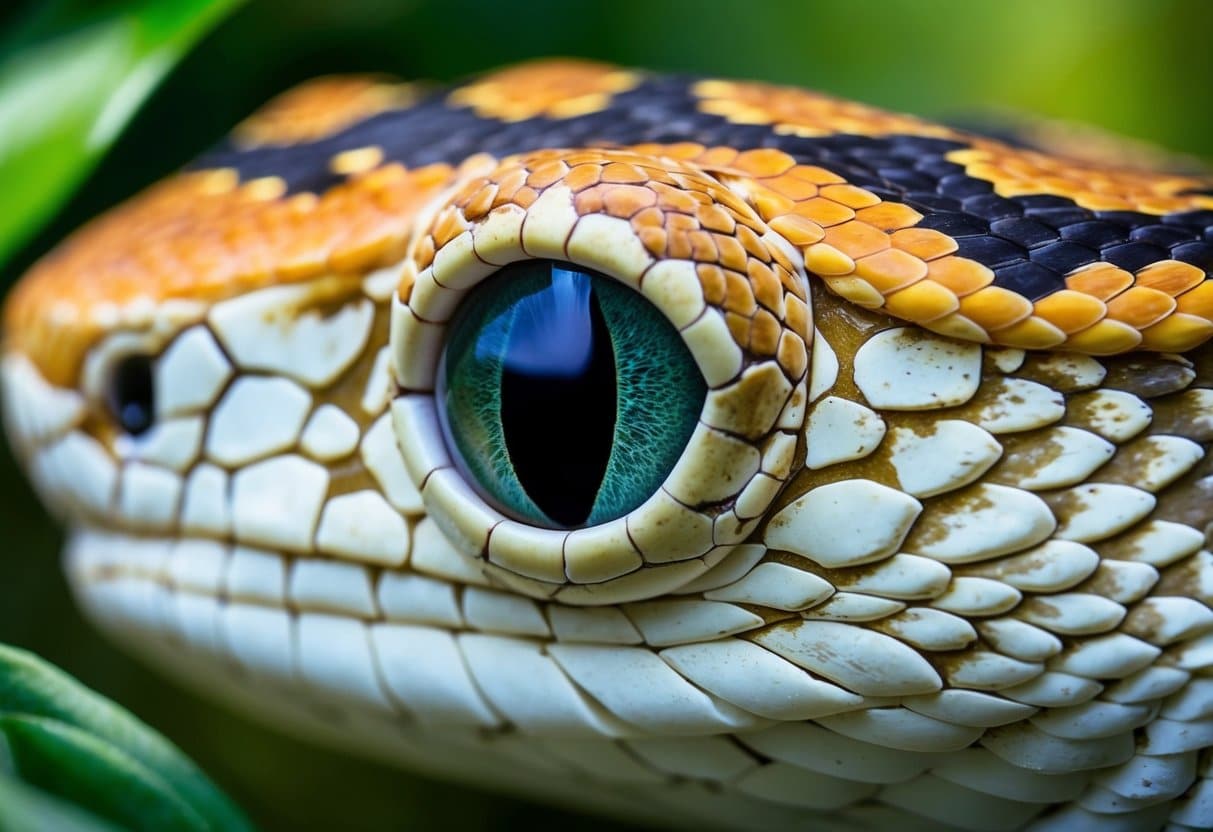 Uma ilustração em close de um olho de cobra com escamas vibrantes e uma pupila fendida, cercado por folhagens e um senso de mistério
