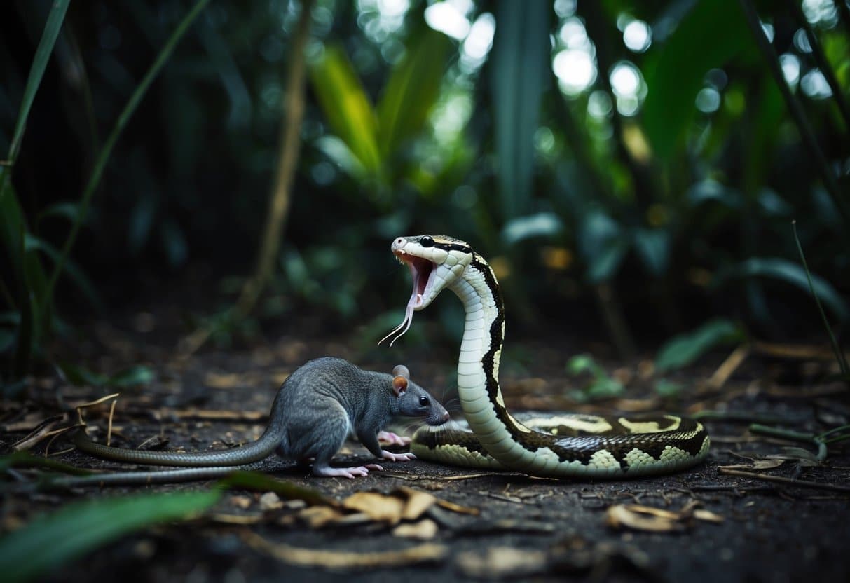 Cobra Comendo Rato: Comportamento Natural e Importância Ecológica 1 A cobra devorando um rato em uma clareira escura e coberta de vegetação na selva.